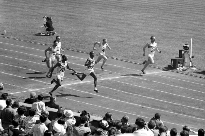 America's Harrison Dillard, second left front, wins the 100-metre Olympic Games semi-final at Wembley Stadium, London, July 31, 1948. America's Barney Ewell, front left, was second and Britain's Alastair McCorquodal, far right, was third. (AP Photo)