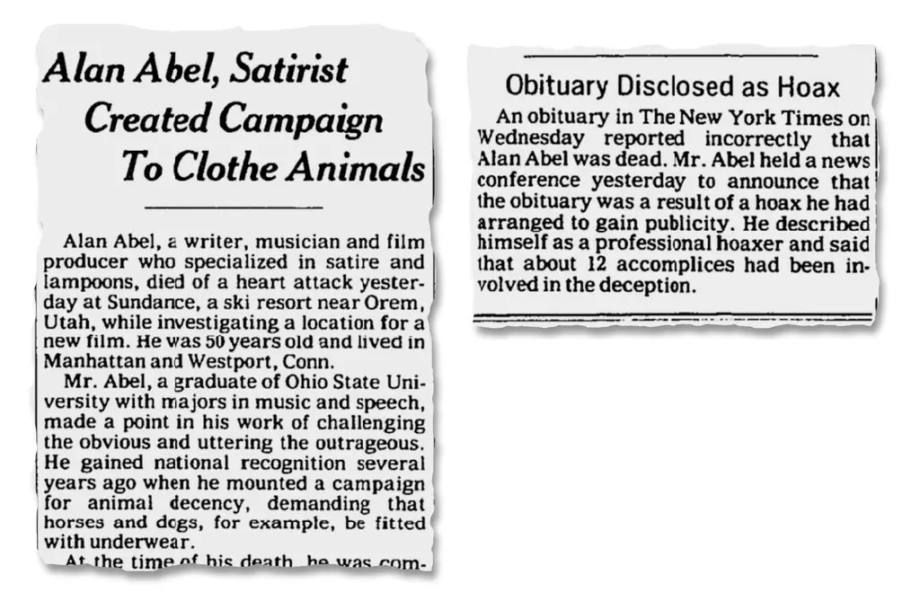 O primeiro obituário do Sr. Abel foi publicado no The New York Times em 1980. O Times publicou uma correção dois dias depois.