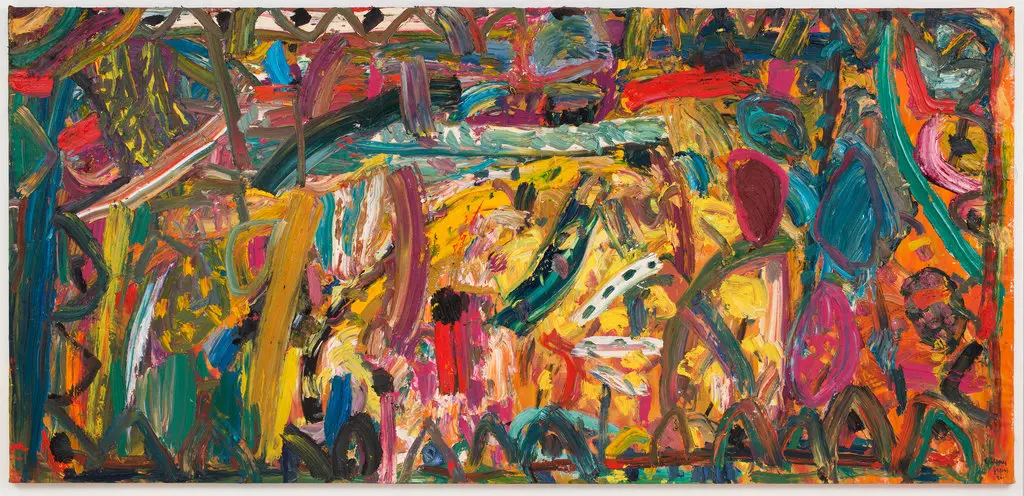 “Dance of the Ludi Magni”, uma pintura a óleo de 1984 de Gillian Ayres. Ela era obcecada por pintura e usava suas mãos, pincéis, partes de caixas de papelão e vassouras para organizar imagens vívidas e coloridas.Crédito...Cortesia da Alan Cristea Gallery, Londres