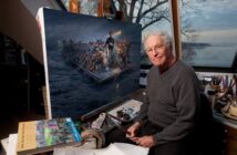 Mort Künstler em 2011 com sua versão de “Washington Crossing the Delaware” em seu estúdio em Cove Neck, NY, em Long Island. Suas pinturas históricas bem pesquisadas às vezes desafiavam obras mais conhecidas.Crédito...Michael Nagle para o The New York Times