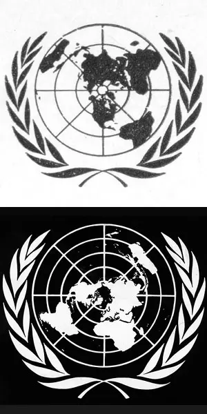 Lundquist liderou a equipe que criou o protótipo do logotipo original das Nações Unidas, no topo. Abaixo está o logotipo atual da organização. Crédito...Nações Unidas